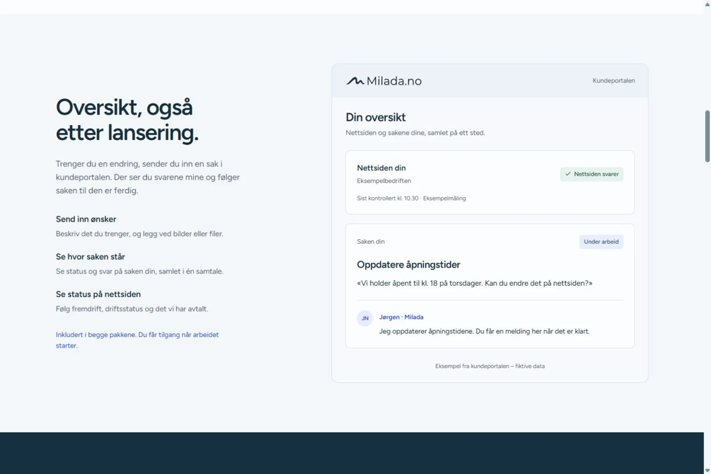 Skjermbilde av Miladas offentlige portalpresentasjon, merket med fiktive data og eksempelmåling.