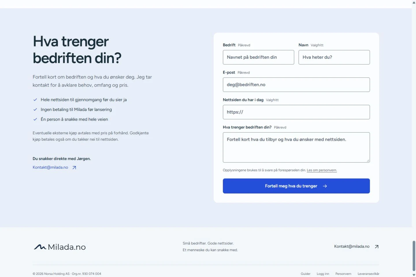 Skjermbilde av Miladas kontaktseksjon med et tomt forespørselsskjema.