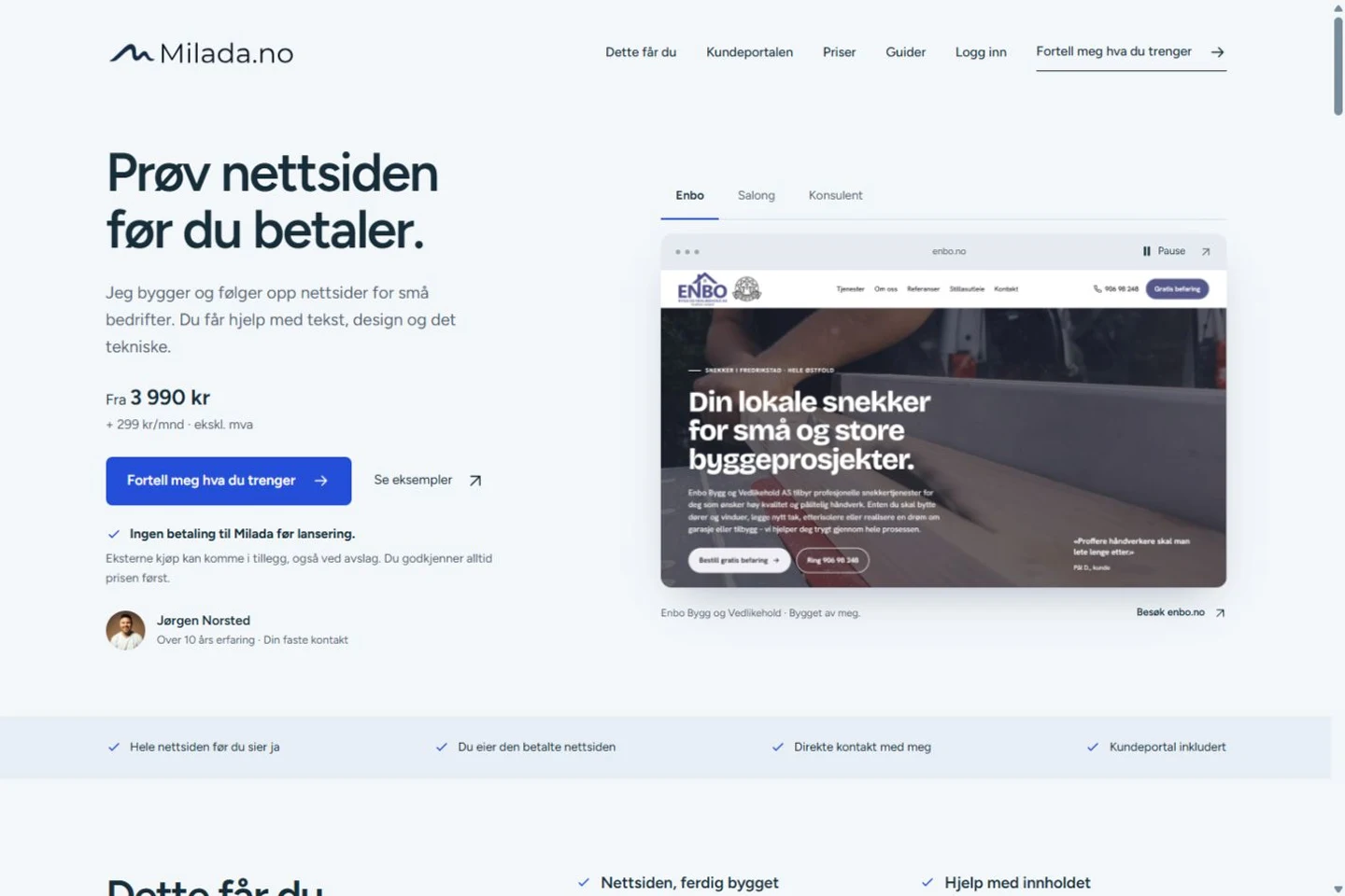 Skjermbilde av Miladas forside med Enbo Bygg og Vedlikehold som arbeidsprøve.